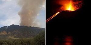 A collage image of smoke at Mt Longonot crater (right) and lava coming of a mountain (right).