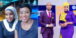 A collage image of Citizen TV anchor Lulu Hassan and State House Spokesperson Kanze Dena (LEFT) and Lulu Hassan together with Rashid Abdalla in the Citizen TV studio (RIGHT).