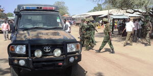Police officers at a scene of crime in Mandera during a past attack.