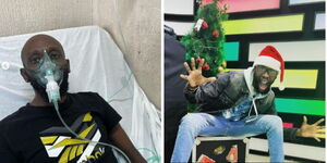 Photo collage of John Maina famously known as MC Fullstop in a hospital bed and posing during Christmas festival