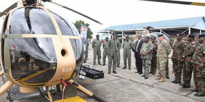 Retired Chief of the Kenya Defence Forces General Samson Mwathethe receives six US-made light attack helicopter gunships at the Joint Helicopter Command in Embakasi, Nairobi.