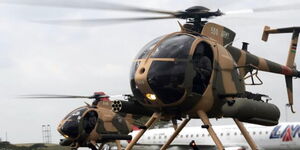 Kenya Defence Forces pilots conduct a flight test of the six MD-530F helicopters purchased through the United States Foreign Military Sales (FMS) Program