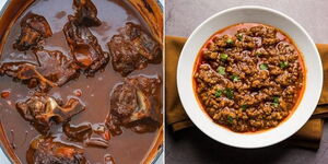 A photo collage of a plate of meat (left) and a serving of minced meat (right).