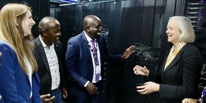 UK ambassador Meg Whitman (left), Dagoretti South MP John Kiarie (second left) and Ambassador Meg Whitman (far right) at the Africa Data Center in Nairobi on January 18, 2023.