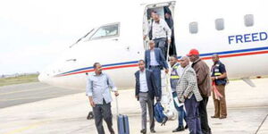 MPs Rashid Kassim (Wajir East),Omar Salah Maalim (Mandera East) ,Mohammed Hire (Lagdera) and Kullow Maalim (Banisa) alighting from an aircraft at Jomo Kenyatta International Airport on March 1,2020