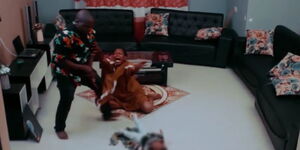 A screenshot of a movie titled  Sitamani Kuolewa tena, whereby a man tosses a baby against a wall.