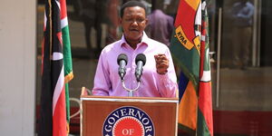 Machakos Governor Alfred Mutua speaking during a press briefing at his Athi River office, Mavoko, April 12, 2020.