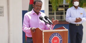 Machakos Governor Alfred Mutua speaking during a press briefing at his Mavoko, Athi River, office on April 12, 2020.