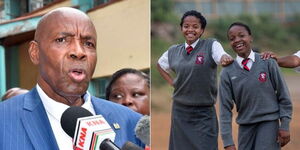 A photo collage of Education CS Ezekiel Machogu and secondary school students