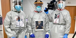 BBC journalist Larry Madowo (far left) pictured while filming a feature at a Covid-19 facility in the United States. The feature aired on July 28, 2020.