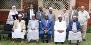 Education Cabinet Secretary George Magoha alongside Muslim leaders at a meeting in Nairobi on July 27. 2022.