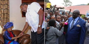 Former President Uhuru Kenyatta condoling with George Magoha's wife Barbra Magoha on January 31, 2022 (left) and the former Education CS together with KCSE students in 2019 (right).