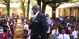 Education CS Magoha speaking to learners of Chavakali High School, Vihiga County on March 6, 2021.