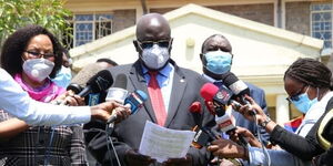 Education CS George Magoha speaking during a press briefing on Wednesday, April 14