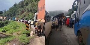 A collage image of traffic snarl-up along Nairobi - Nakuru highway at Mai Mahiu on May 28, 2022.