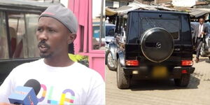 A collage image of Karanja Maina (Left) and President Uhuru Kenyatta's Mercedes G wagon (Right) at Kenyatta market on March 16, 2022.