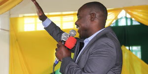 Former Senator Cleophas Malala addressing Kakamega residents during the thanksgiving ceremony of Commissioner Hadija Nganyi, Commission on Revenue Allocation on January 15, 2023. 