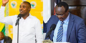 A photo collage of UDA SG Cleophas Malala speaking at an event on June 24 (right) and Economic Advisor David Ndii taking an oath at State House on June 27, 2023 