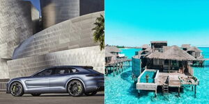 Photo collage between Porsche Panamera sports car and Hotel Six Senses Laamu in Maldives