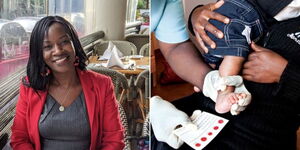 A collage image of May Maloba (left) and a newborn undergoing a test at a past event (right).