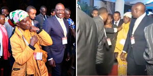 Mama Mboga accompanied by Deputy President William Ruto and being pushed away by Hussein Mohammed