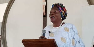 Former First Lady Mama Ngina Kenyatta addresses a congregation at the St. Teresa's Catholic Church in Mpeketoni, Lamu County, on Saturday, February 4, 2023.