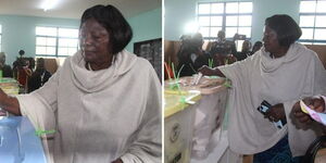 Photo collage of Mama Ngina Kenyatta voting on Tuesday August 9, 2022