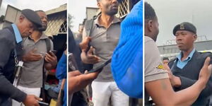 A photo collage of a man engaging in physical confrontation with two armed police officers near Marikiti Market in Nairobi.