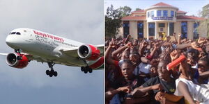 A photo collage of a Kenyan Airways plane amid air (left) and students celebrating exemplary results at the school in 2019 (right).