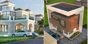 Photo collage of artistic representation of a bungalow and a flat roofed house with a parking lot 