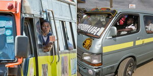 A collage photo of a matatu tout (left) and matatu driver (right) within Nairobi CBD.