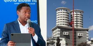 A collage image of former Nation Media Group (NMG) Group Editorial Director Matuma Mathiu (left) and the NMG building along Kimathi Street in Nairobi (right).