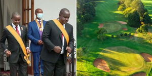 Photo collage between former CS Fred Matiang'i and Joe Mucheru at State House and a golf course