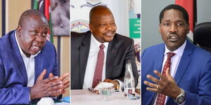 From left: former Cabinet Secretaries, Fred Matiang'i, Mutahi Kagwe and Peter Munya during their past media address