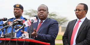 Interior Cabinet Secretary Fred Matiang'i addressing the press accompanied by PS Karanja Kibicho and IG Hillary Mutyambai on Friday August 5, 2022