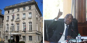 A photo collage of the Kenyan Embassy in New York (left) and the Public Accounts Committee Chairperson John Mbadi (right)