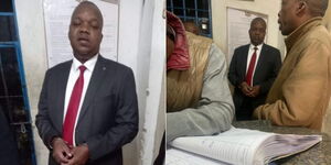 Photo collage of Kitui East MP Nimrod Mbai in handcuffs at a police station on Wednesday, July 5, 2023.