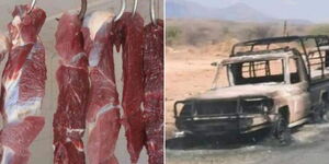 Photo collage of meat in a butchery and a police car torched by bandits