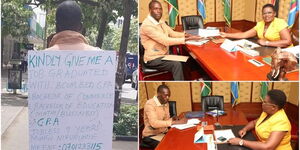 A photo collage of Samuel Meeme (left) displaying a placard seeking for job and him (right) meeting Meru Governor Kawira Mwangaza
