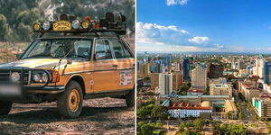 Photo collage of  1981 Mercedes-Benz 240D and aerial view of Nairobi city