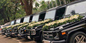 Mercedes Benz G Wagons fitted with wedding decorations.