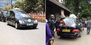 Photo collage of Mercedes Benz ferrying body of former Education Cabinet Secretary George Magoha on Wednesday February 8, 2023and that of late businessman Jacob Juma in May 2016