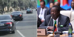 A motorcade carrying Prime Cabinet Secretary Musalia Mudavadi in Baku on Wednesday March 1, 2023 and him attending a conference