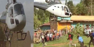 Photo collage of unidentified Meru man hanging on a chopper ferrying CS Peter Munya on Wednesday June 22, 2022