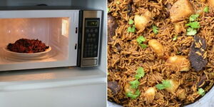 A photo collage of food inside a microwave (left) and a prepared dish of rice and beef.