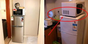 A photo collage of microwaves placed on top of a fridge