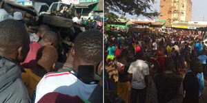 A photo collage of onlookers around the lorry that rammed into a crown in Migori County on  April 8, 2023.