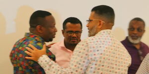 Mombasa gubernatorial hopefuls Mike Sonko (Wiper), Mvita MP Abdulswamad Nassir (ODM) and Hassan Omar (UDA) on Saturday morning, May 28, 2022.