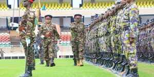 Military officers perform a mock guard of honour at Moi International Stadium Kasarani as she supervises preparations of William Ruto's swearing-in ceremony