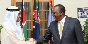 Minister for Foreign Affairs of the United Arab Emirates, Sheikh Abdullah bin Zayed al Nahyan (left) with President Uhuru Kenyatta